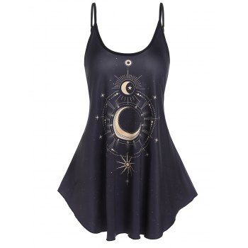 

Vacation Ringer Casual Tank Top Star Moon Galaxy Print Skirted Round Neck Summer Top, Black