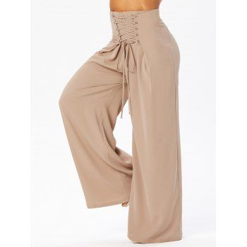 

Lace Up High Waist Pants Pure Color Ruched Pleated Wide Leg Pants, Light coffee