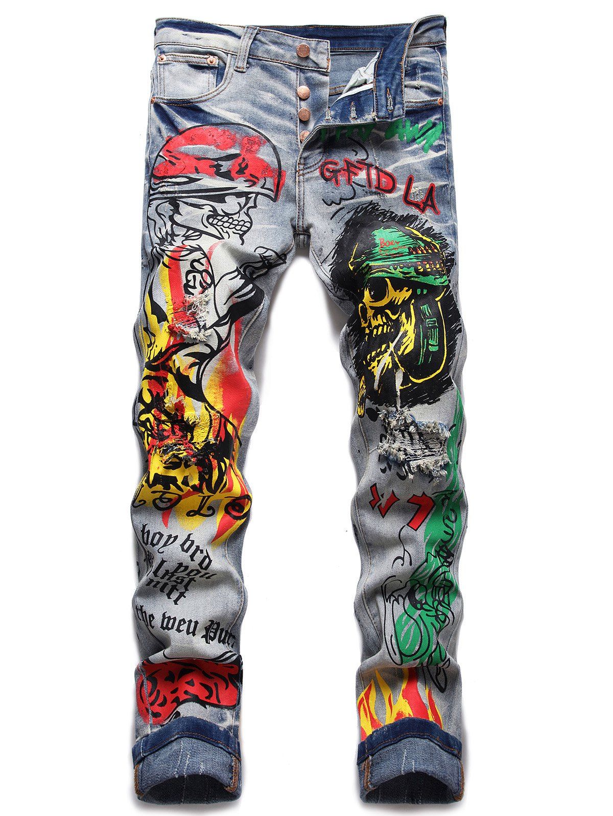 Skull Letter Graffiti Print Jeans Ripped Button Fly Faded Wash Casual Denim Pants - BLUE 38