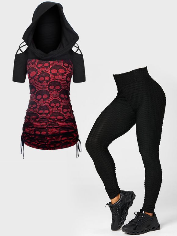 T-shirt à Capuche Décontracté Long Croix Découpé et Legging Texturé en Couleur Unie - Noir S