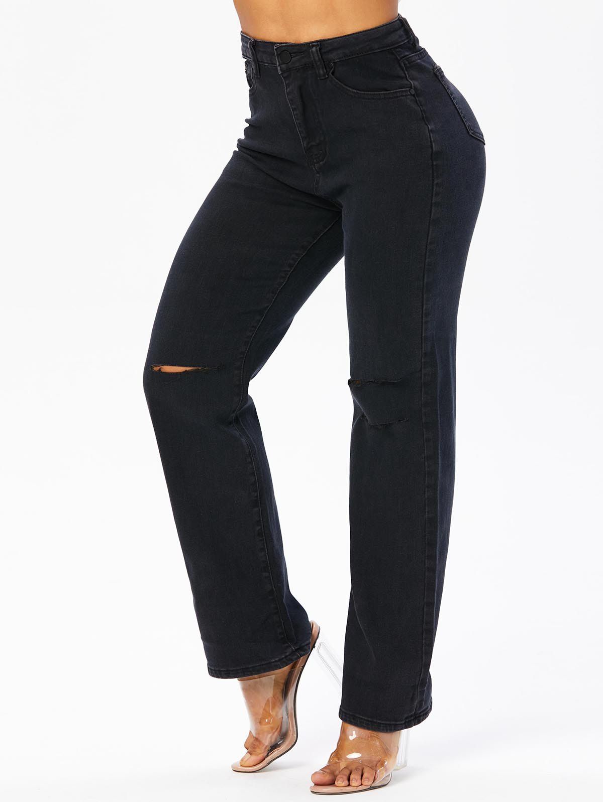 Pantalon Sarouel Long Déchiré à Jambe Large avec Poches en Couleur Unie en Denim - Noir XL