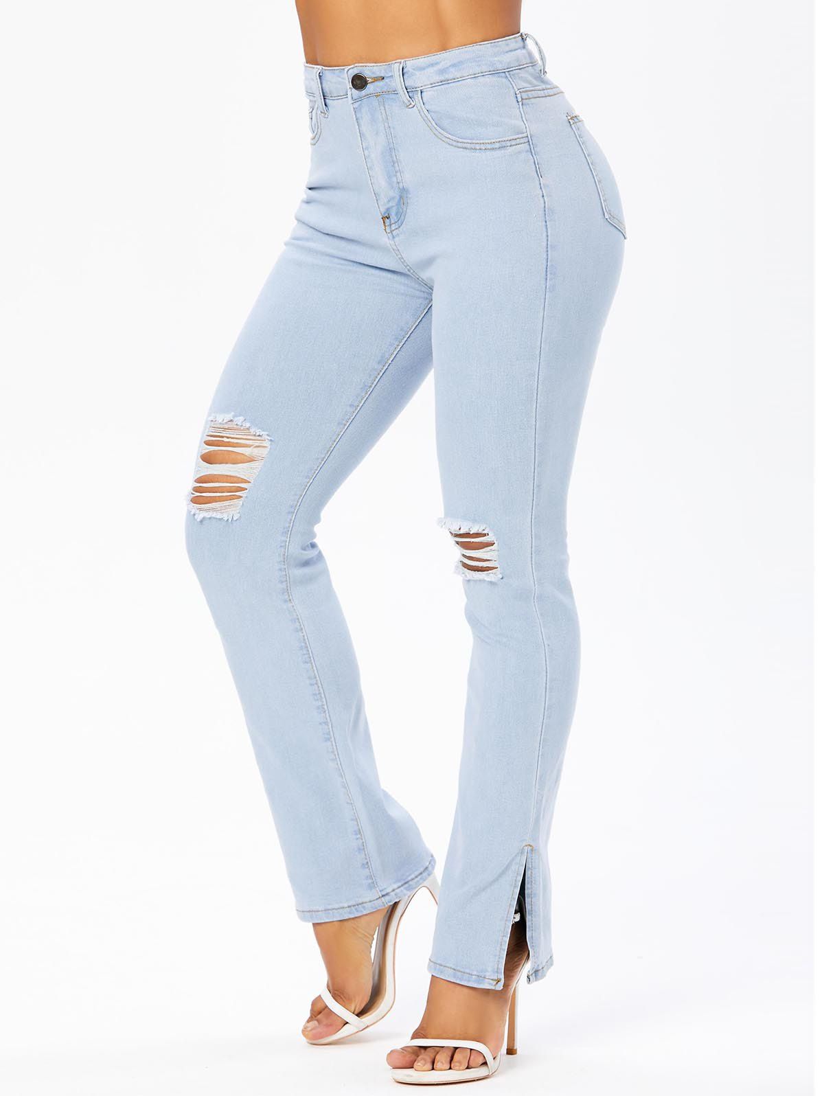 Ripped Jeans Light Wash Pockets Solid Color Slit Zipper Fly Trendy Long Denim Pants - LIGHT BLUE M
