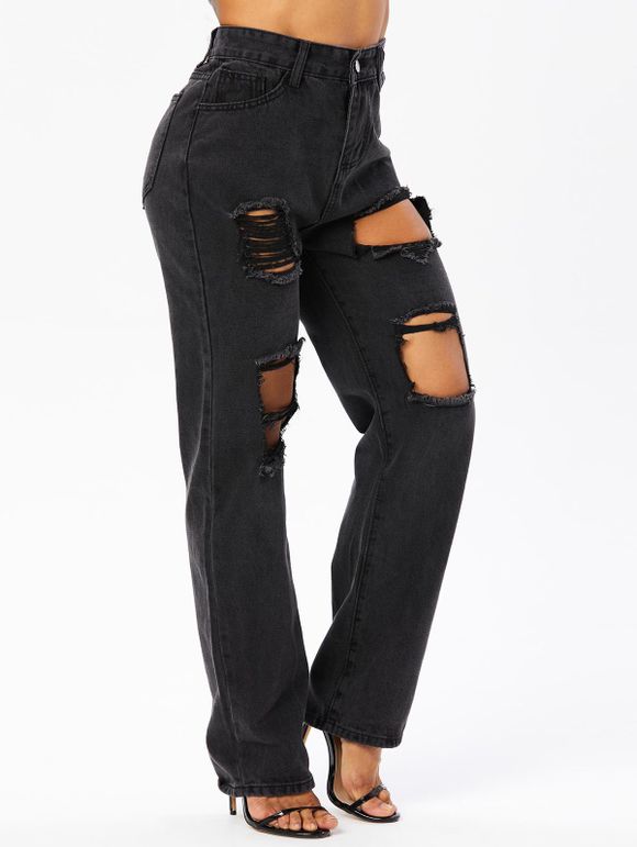 Wide Leg Jeans Solid Color Zipper Fly Pockets Dark Wash Ripped Long Casual Denim Pants - BLACK XL