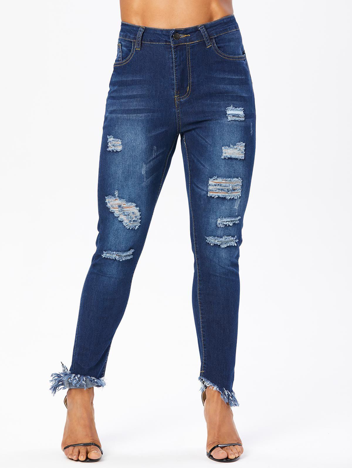 Ripped Jeans Frayed Pockets Zipper Fly Asymmetric Hem Deep Wash Long Skinny Denim Pants 