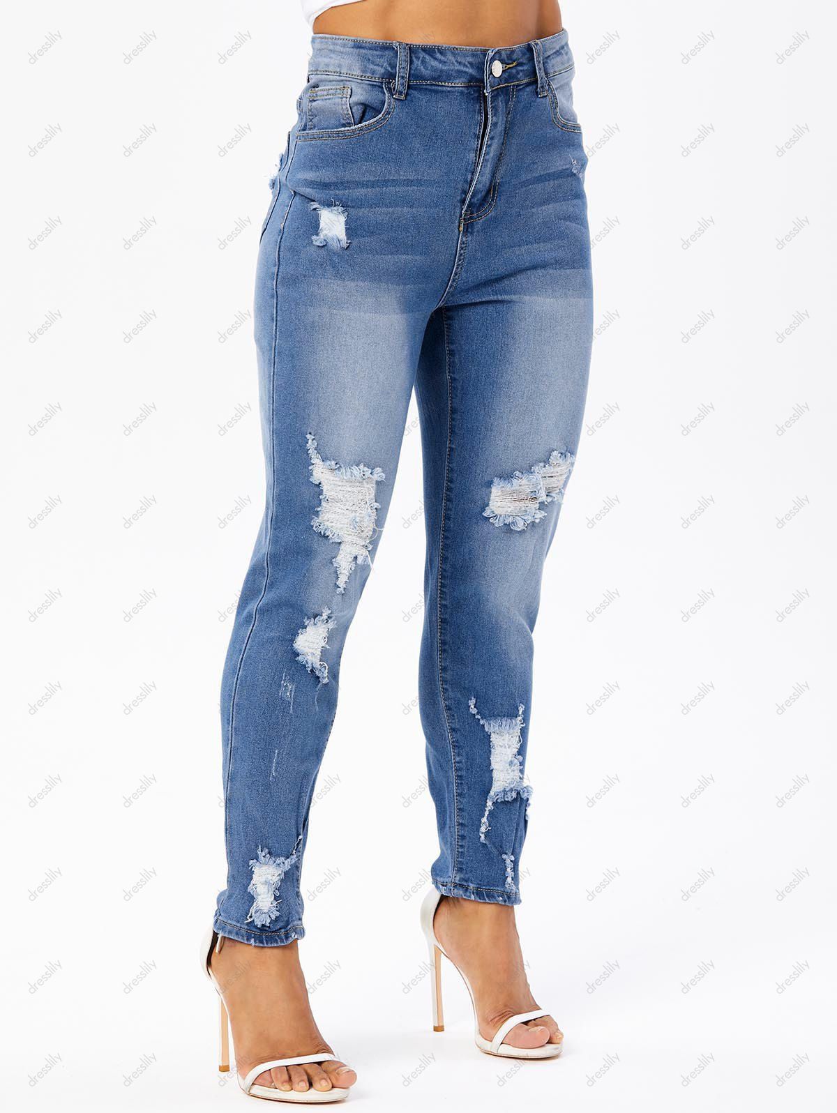 Ripped Jeans Pockets Zipper Fly Light Wash Long Skinny Denim Pants 