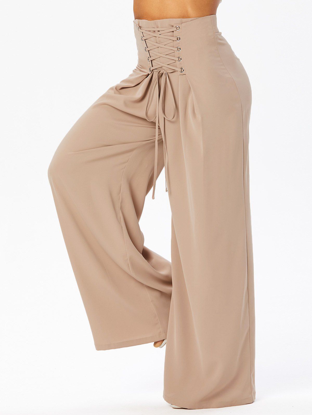 Lace Up High Waist Pants Pure Color Ruched Pleated Wide Leg Pants 