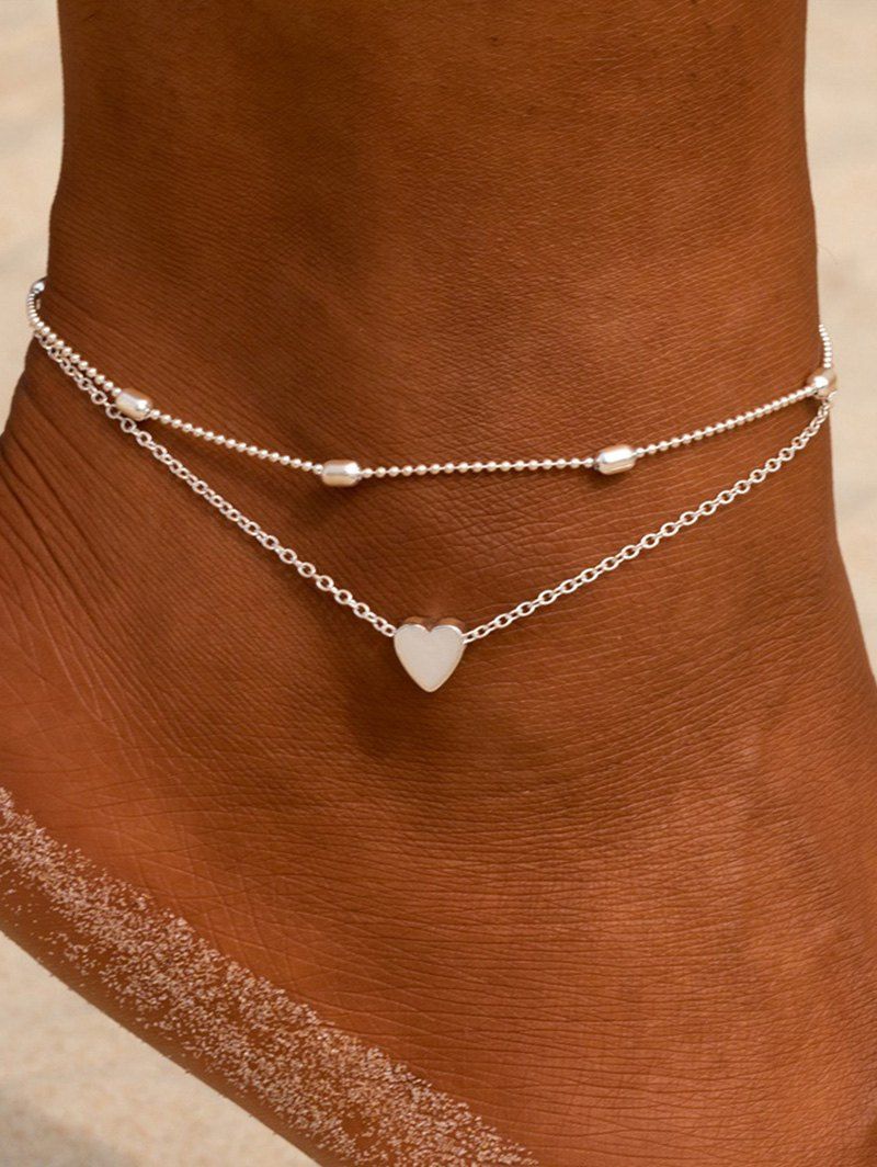 2 Pcs Anklets Beach Anklets Heart Geometric Solid Color Ankle Chains Set - SILVER 