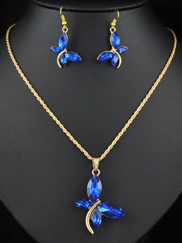 Artificial Crystal Butterfly Pendant Robe Chain Necklace And Hook Drop Earrings Set - BLUE 