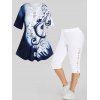 Plus Size Note Print Colorblock T Shirt and Lace Up Eyelet Capri Leggings Summer Casual Outfit - multicolor L