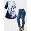 Plus Size Note Print Lace Up Colorblock T Shirt and Zipper Fly Solid Color Pockets Button Jeans Summer Casual Outfit - multicolor L