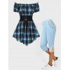 Plaid Ruffled Off The Shoulder Corset Waist Top and Lace Applique Capri Leggings Summer Casual Outfit - BLUE S