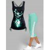 Cinched Tie Side Butterfly Print Tank Top and Lace Up Skinny Crop Leggings Summer Casual Outfit - GREEN S