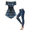 Plaid Ruffled Off The Shoulder Corset Waist Short Sleeve Pointed Hem Top And Ripped Button Fly Jeans Outfits - multicolor S