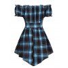Plaid Ruffled Off The Shoulder Corset Waist Short Sleeve Pointed Hem Top And Ripped Button Fly Jeans Outfit - multicolor S