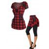 Plaid Print Lace Up Cap Sweetheart Neck Sleeve Tee And Cropped Skirted Leggings Summer Outfits - multicolor S