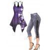 Spider Web Skull Print Cut Out Tank Top and Faux Denim Print Lace Up Capri Jeggings Gothic Casual Outfit - multicolor S