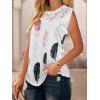 Casual Tank Top Colored Feather Print Tank Top Floral Lace Panel Summer Top - WHITE 3XL