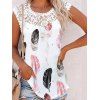 Casual Tank Top Colored Feather Print Tank Top Floral Lace Panel Summer Top - WHITE XL