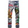 Skull Letter Graffiti Print Jeans Ripped Button Fly Faded Wash Casual Denim Pants - BLUE 36