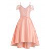 Party Dress Solid Color Flower Lace Panel Bowknot High Waist Foldover Prom High Low Midi Dress - LIGHT PINK 2XL