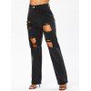 Wide Leg Jeans Solid Color Zipper Fly Pockets Dark Wash Ripped Long Casual Denim Pants - BLACK XL