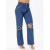 Ripped Jeans Solid Color Zipper Fly Pockets Wide Leg Casual Long Denim Pants - BLUE M