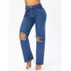 Ripped Jeans Solid Color Zipper Fly Pockets Wide Leg Casual Long Denim Pants - BLUE L