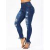 Ripped Jeans Frayed Pockets Zipper Fly Asymmetric Hem Deep Wash Long Skinny Denim Pants - BLUE XL