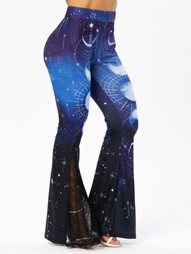 Casual Flare Pants Galaxy Moon Print Sheer Lace Panel Elastic Waist Long Pants
