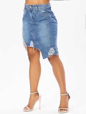 Ripped Denim Skirt Zipper Fly Pockets Asymmetrical Hem Distressed Summer Trendy A Line Mini Skirt