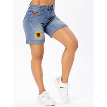 

Butterfly Sunflower Print Denim Shorts Pockets Zipper Fly Light Wash Summer Shorts, Blue