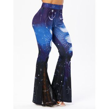 

Casual Flare Pants Galaxy Moon Print Sheer Lace Panel Elastic Waist Long Pants, Multicolor