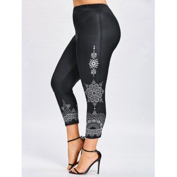 

Plus Size Leggings Ethnic Leggings Flower Printed Elastic High Waist Summer Casual Leggings, Black