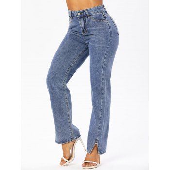 

Slit Jeans Solid Color Jeans Zipper Fly Pockets Flare Trendy Denim Pants, Blue