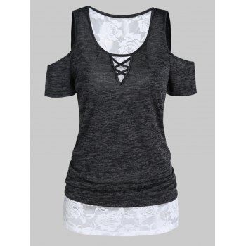 

Casual Space Dye T Shirt Cut Out Crisscross Cold Shoulder Floral Lace Panel Summer Tee, Dark gray