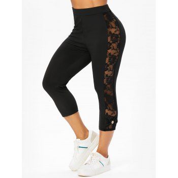 

Summer Capri Leggings Flower Lace Panel Bowknot Mock Button Elastic High Waist Casual Leggings, Black