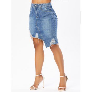 

Ripped Denim Skirt Zipper Fly Pockets Asymmetrical Hem Distressed Summer Trendy A Line Mini Skirt, Light blue