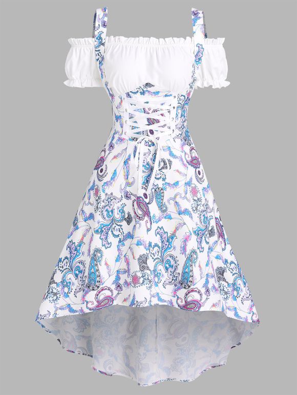 Summer Garden Party Dress Paisley Print Vacation Dress Lace Up Cold Shoulder High Low Midi Dress - multicolor D XXXL