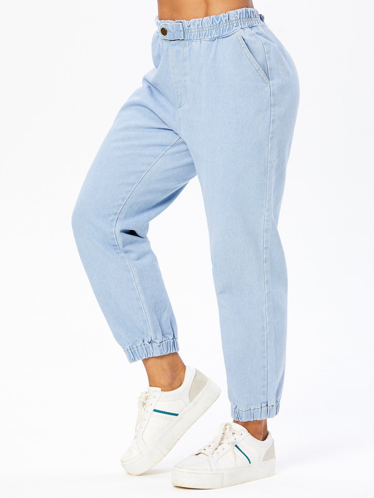 Casual Jeans Light Wash Solid Color Jeans Elastic Waist Button Pockets Beam Feet Demin Pants - LIGHT BLUE L