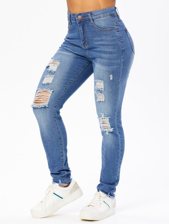 Pantalon Denim Usé Déchiré à Braguette à Glissière avec Poches - Bleu clair XXL