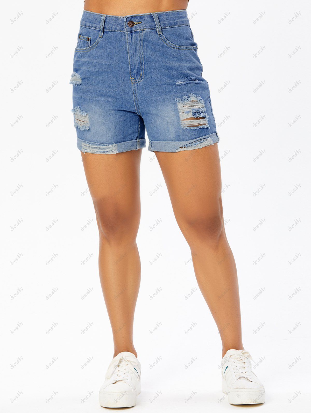 Ripped Denim Shorts Zipper Fly Shorts Pockets Distressed Summer Trendy Shorts 