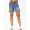 Butterfly Sunflower Print Denim Shorts Pockets Zipper Fly Light Wash Summer Shorts - BLUE XL
