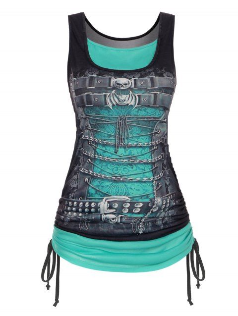 Gothic Tank Top Contrast Colorblock Skull Bat Printed Cinched Lace Up Summer Casual Tank Top