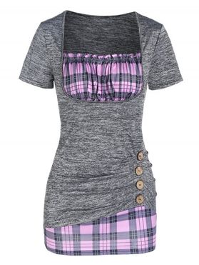 Plaid Pattern Faux Twinset T Shirt Mock Button Ruched T-shirt Short Sleeve Ruffle Square Neck Tee
