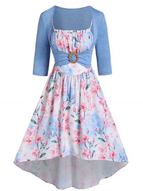 Garden Party Dress Flower Print High Low Faux Twinset Dress Ruched Bust Ruffles O Ring A Line Dress