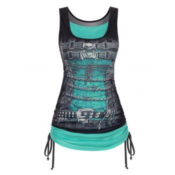 

Gothic Tank Top Contrast Colorblock Skull Bat Printed Cinched Lace Up Summer Casual Tank Top, Green