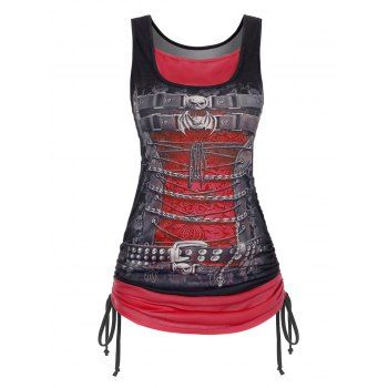 

Gothic Tank Top Contrast Colorblock Skull Bat Printed Cinched Lace Up Summer Casual Tank Top, Red