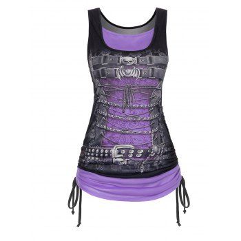 

Gothic Tank Top Contrast Colorblock Skull Bat Printed Cinched Lace Up Summer Casual Tank Top, Light purple