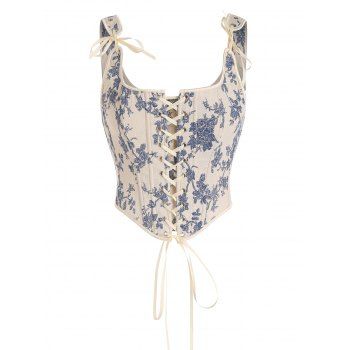 

Vintage Corset Crop Top Flower Print Lace Up Cropped Top, Light blue
