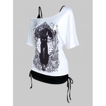 

Gothic Top Solid Color Cinched Tank Top and Skew Neck Cat Print T Shirt Two Piece Top, Black